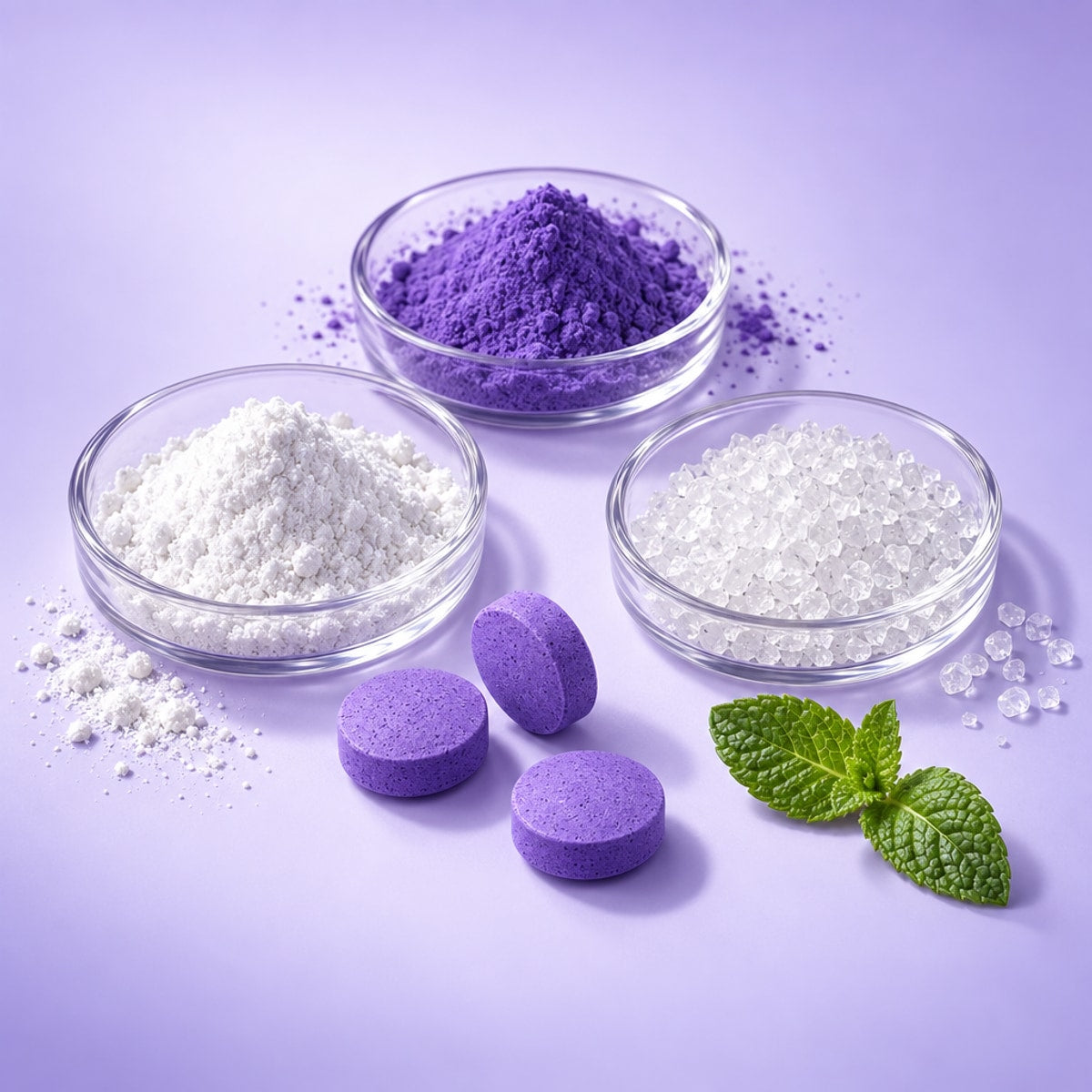 Hydroxyapatite, PAP and violet pigment beside three purple tablets and mint