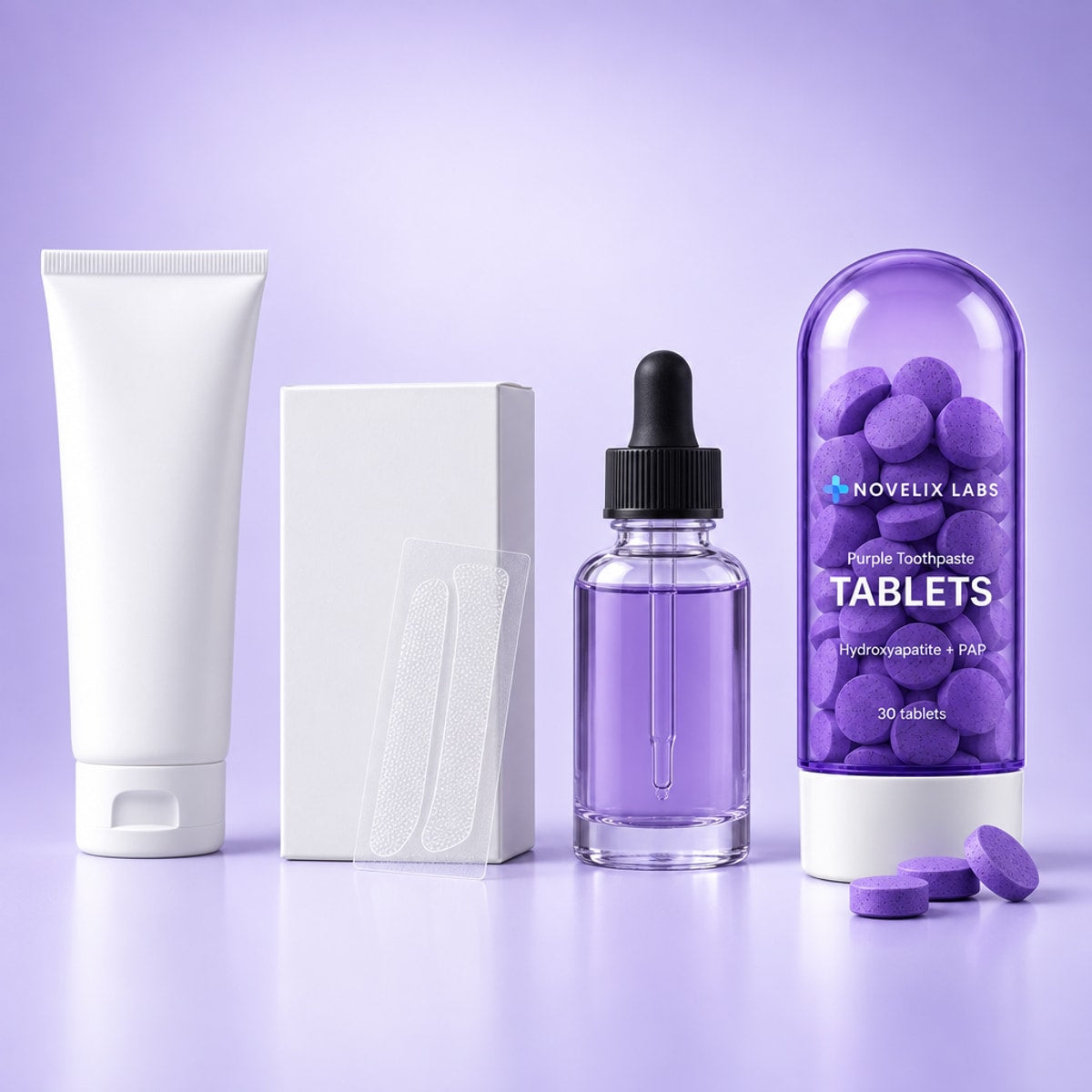 Whitening paste, strips and purple drops beside Novelix Purple Toothpaste Tablets