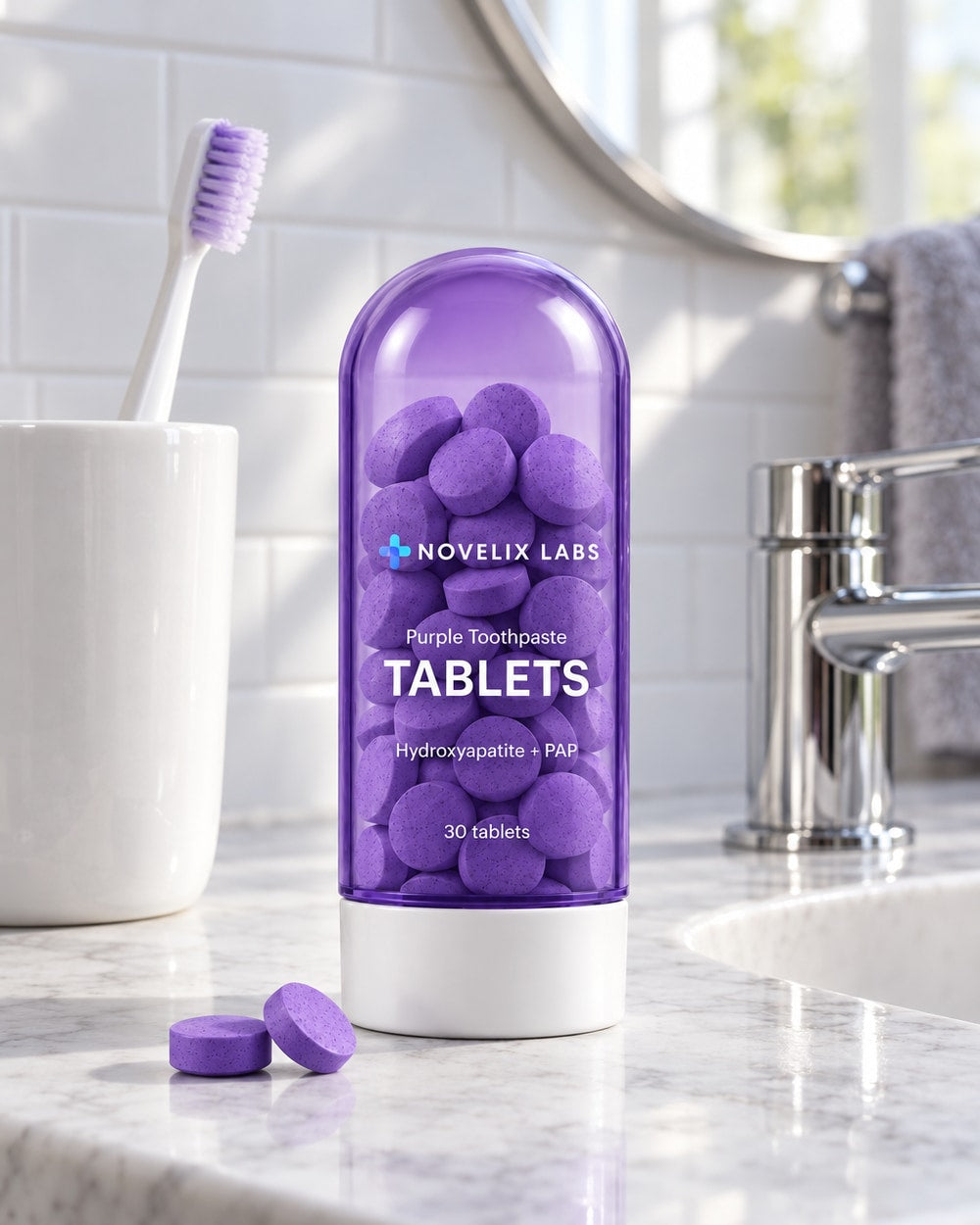 Novelix Purple Toothpaste Tablets on a bathroom counter