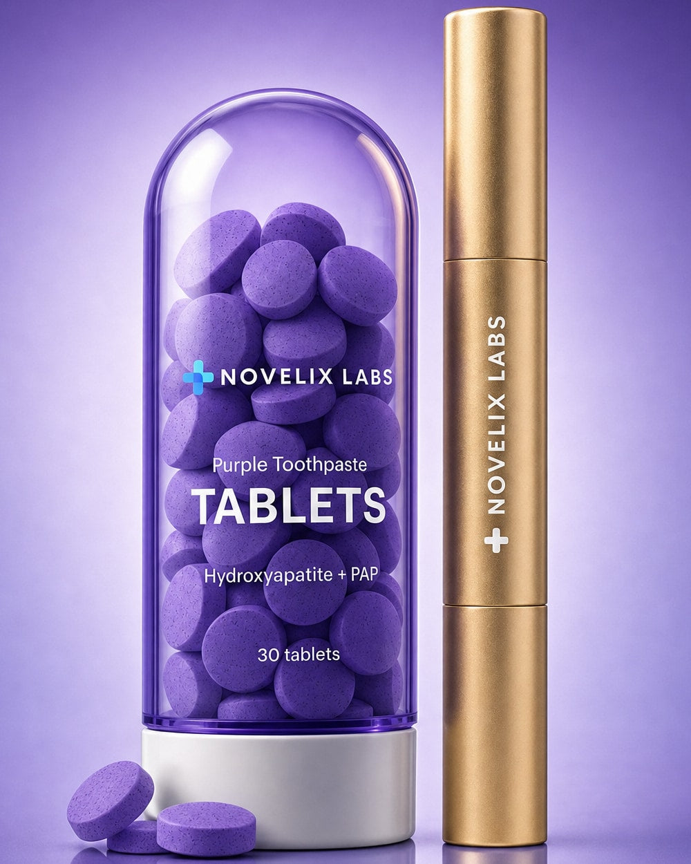 Purple Toothpaste Tablets with the Novelix Pro Gold pen