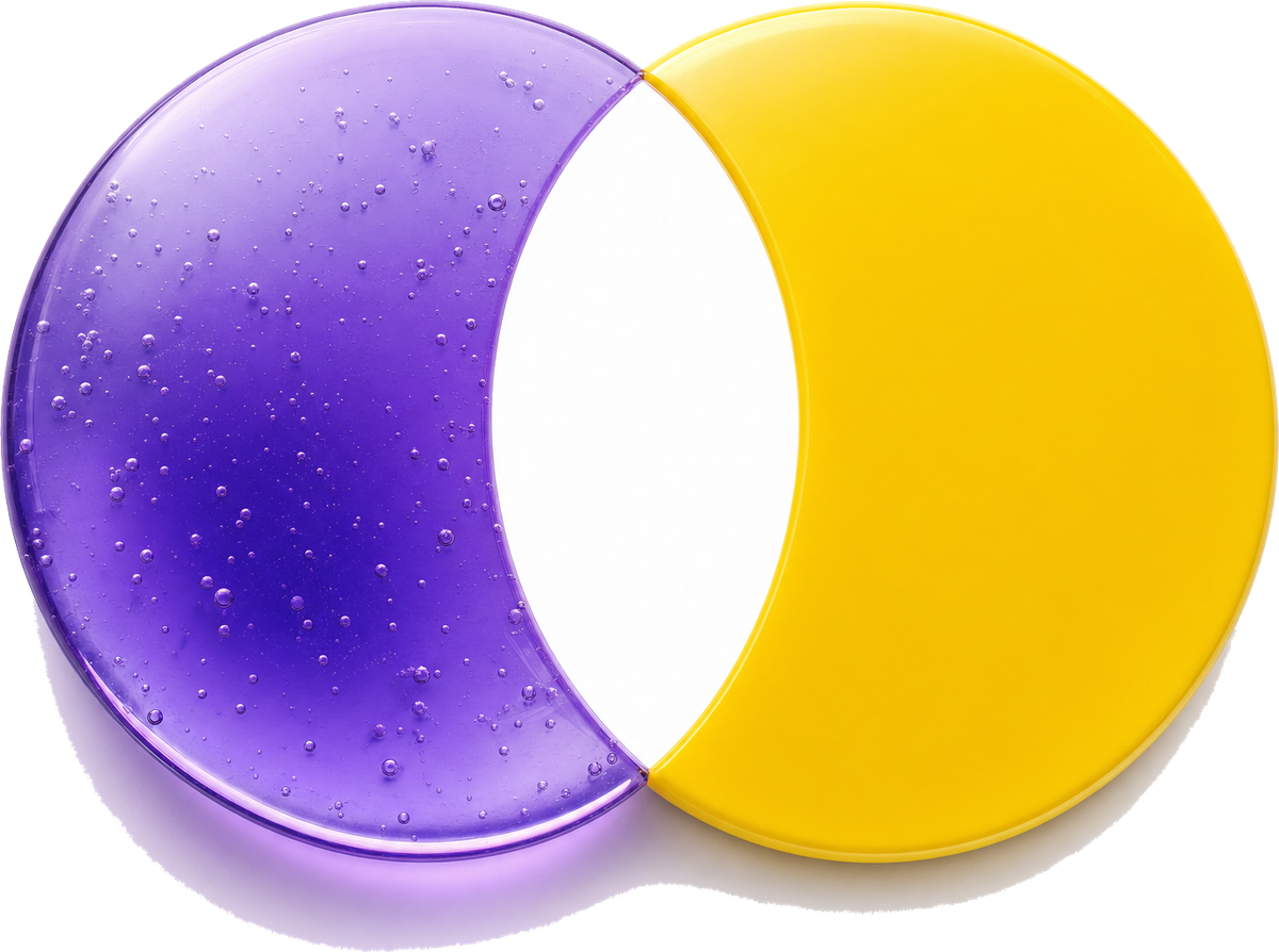 Purple and yellow discs overlapping to white